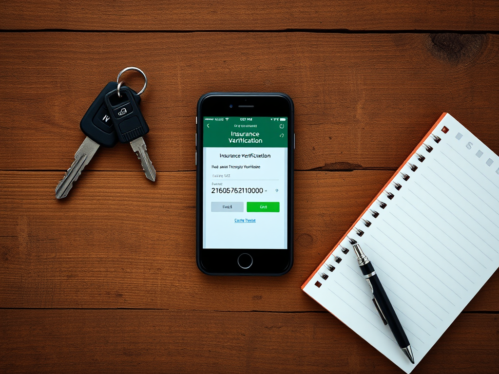 На деревянном столе лежат ключи, телефон с приложением для проверки страховки и блокнот с ручкой.