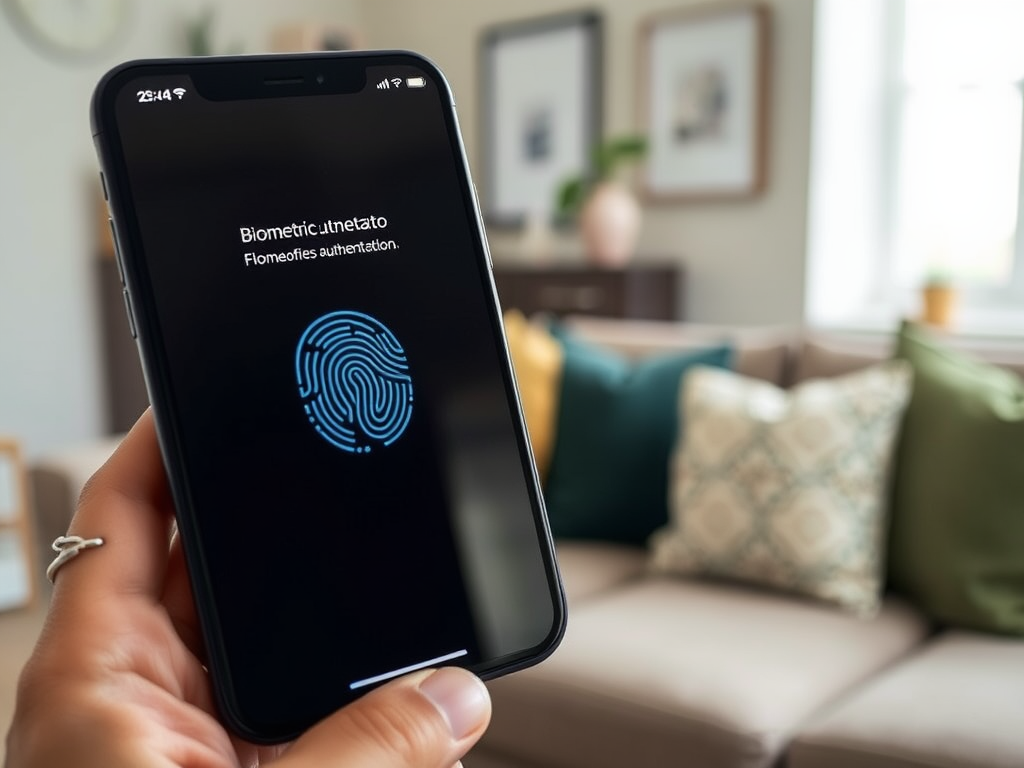 На экране телефона отображается сообщение о биометрической аутентификации с изображением отпечатка пальца.